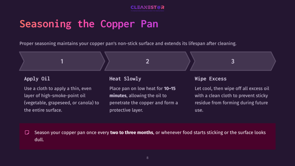 Diagram Illustrating How To Season A Copper Pan: 1. Apply Oil, 2. Heat Slowly, 3. Wipe Excess. Text Advises Seasoning Every Two To Three Months.