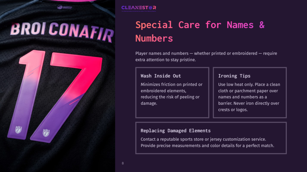 Close-Up Of A Black Sports Jersey With &Quot;Broi Conafir&Quot; And The Number &Quot;17&Quot; In Vibrant Purple And Pink. Text Overlay Provides Care Instructions For Sports Jersey Names And Numbers.