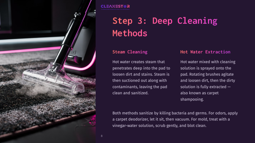 Close-Up Of A Carpet Cleaning Machine In Action, With A Clear Nozzle Spraying Water And Lifting Dirt From A Textured Rug. The &Quot;Cleanestor&Quot; Logo Is Visible In The Upper Left Corner.