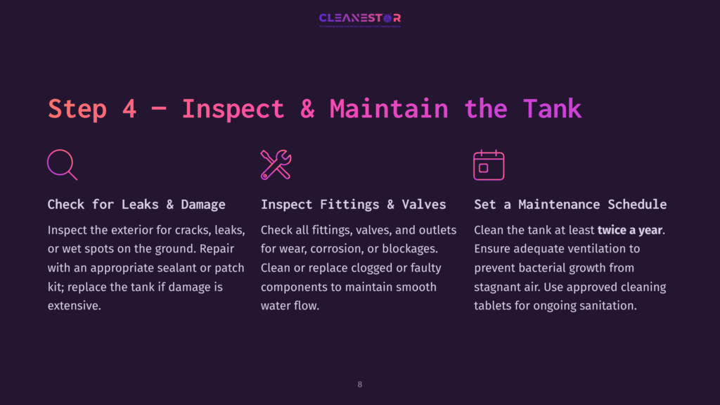 Step 4: Inspect &Amp; Maintain The Tank. Icons And Text Detail How To Check For Leaks, Inspect Fittings And Valves, And Set A Maintenance Schedule For Tanks.