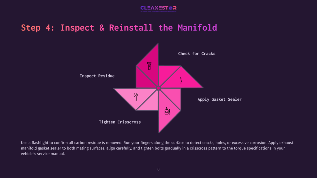 Step 4: Inspect &Amp; Reinstall The Manifold. Diagram Shows A Pinwheel Design With Steps: Check For Cracks, Apply Gasket Sealer, Tighten Crisscross, Inspect Residue.