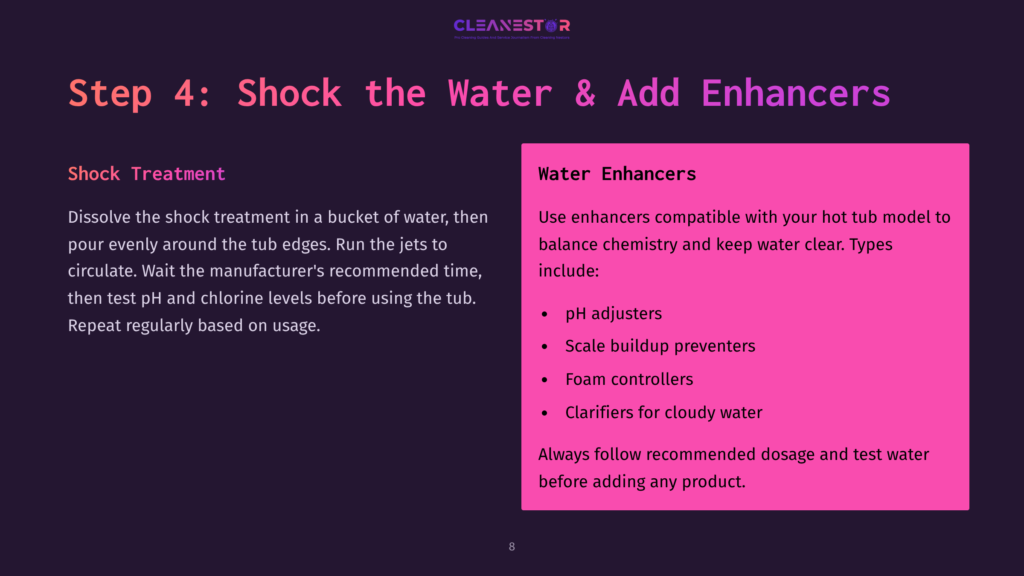 8 Step 4 Shock The Water And Add Enhancers Step 4: Shock The Water &Amp; Add Enhancers. Instructions For Dissolving Shock Treatment In A Bucket Of Water And Using Hot Tub Enhancers Like Ph Adjusters And Scale Buildup Preventers.