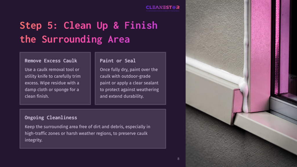 8 Step 5 Clean Up And Finish The Surrounding Area Step 5: Clean Up &Amp; Finish. Close-Up Of A Window Frame With Fresh White Caulk Applied And Excess Removed, Ready For Paint. The Caulk Is Applied Neatly Along The Edge Of The Window Trim, With A Clean Finish.