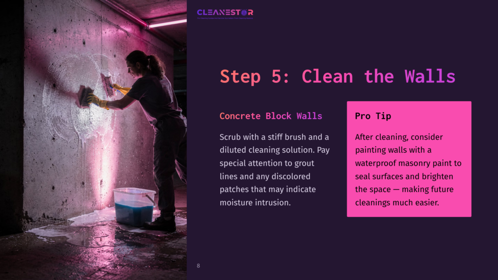 A Woman Scrubs A Concrete Block Wall With A Stiff Brush And Suds, Cleaning Away Grime And Moisture Intrusion. Step 5: Clean The Walls.