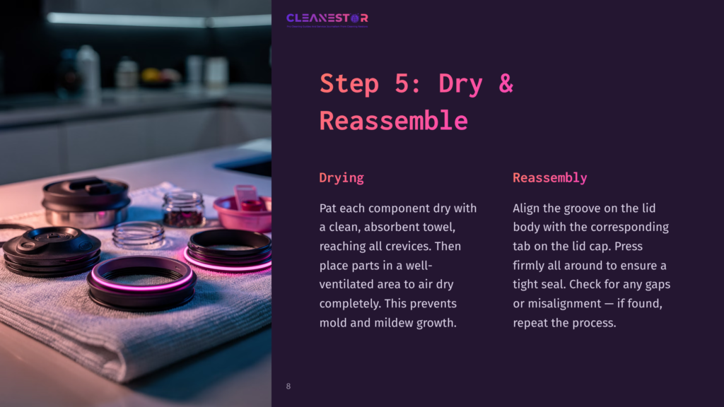 Step 5: Dry &Amp; Reassemble. Parts Of A Cleaning Device Are Laid Out On A White Towel, Ready For Drying And Reassembly. The Text &Quot;Cleanestor&Quot; Is Visible In The Upper Left Corner.