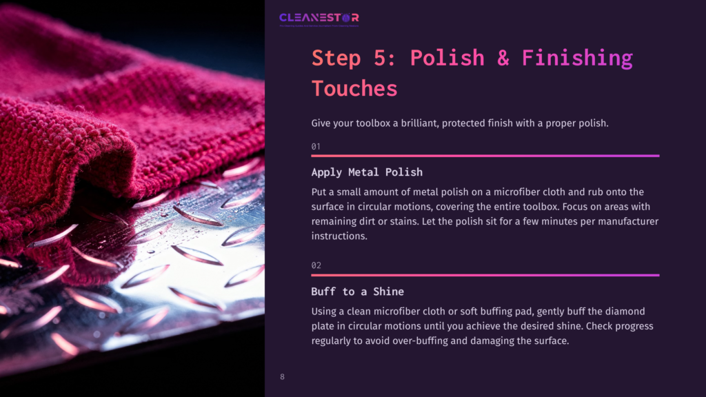 Step 5: Polish &Amp; Finishing Touches. A Vibrant Pink Microfiber Cloth Is Shown On A Textured Metal Surface, Ready For Polishing.