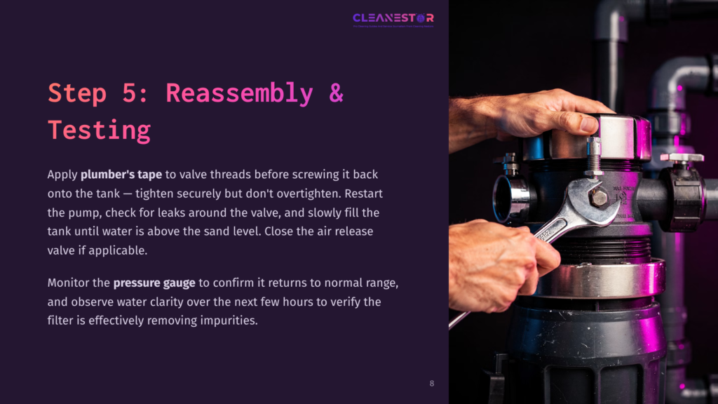 Close-Up Of Hands Using A Wrench To Tighten A Plumbing Fitting On A Water Filter Tank, With Text Overlay &Quot;Cleanestar&Quot;.