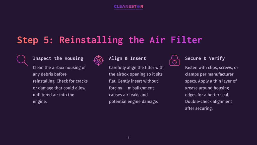 Step 5: Reinstalling The Air Filter. Icons And Text Guide Users On Inspecting The Housing, Aligning And Inserting The Filter, And Securing And Verifying The Installation For Optimal Engine Air Filtration.
