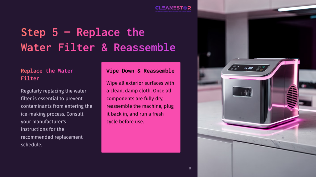 Step 5: Replace The Water Filter &Amp; Reassemble. A Modern Ice Maker With Pink Led Lights Sits On A White Countertop. Text Overlays Provide Instructions For Replacing The Water Filter And Cleaning The Ice Machine.