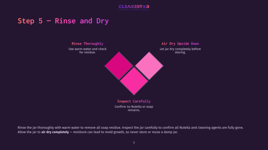 Step 5: Rinse And Dry. Instructions For Cleaning A Jar, With Pink Heart Shapes Illustrating Rinsing And Air Drying Steps. Includes Text: &Quot;Rinse Thoroughly,&Quot; &Quot;Air Dry Upside Down,&Quot; And &Quot;Inspect Carefully.