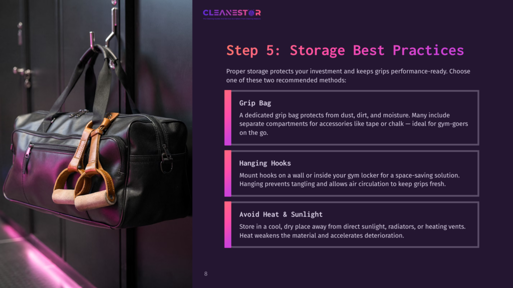 8 Step 5 Storage Best Practices A Dark Leather Gym Bag With Tan Handles Hangs On A Hook In A Locker Room, With Text Overlay &Quot;Cleanestor Step 5: Storage Best Practices&Quot;.