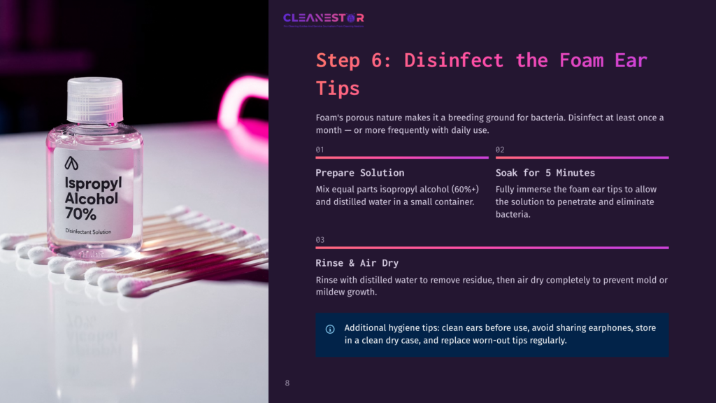 8 Step 6 Disinfect The Foam Ear Tips A Bottle Of 70% Isopropyl Alcohol Disinfectant And A Pile Of Cotton Swabs Are Shown, With Instructions For Disinfecting Foam Ear Tips.