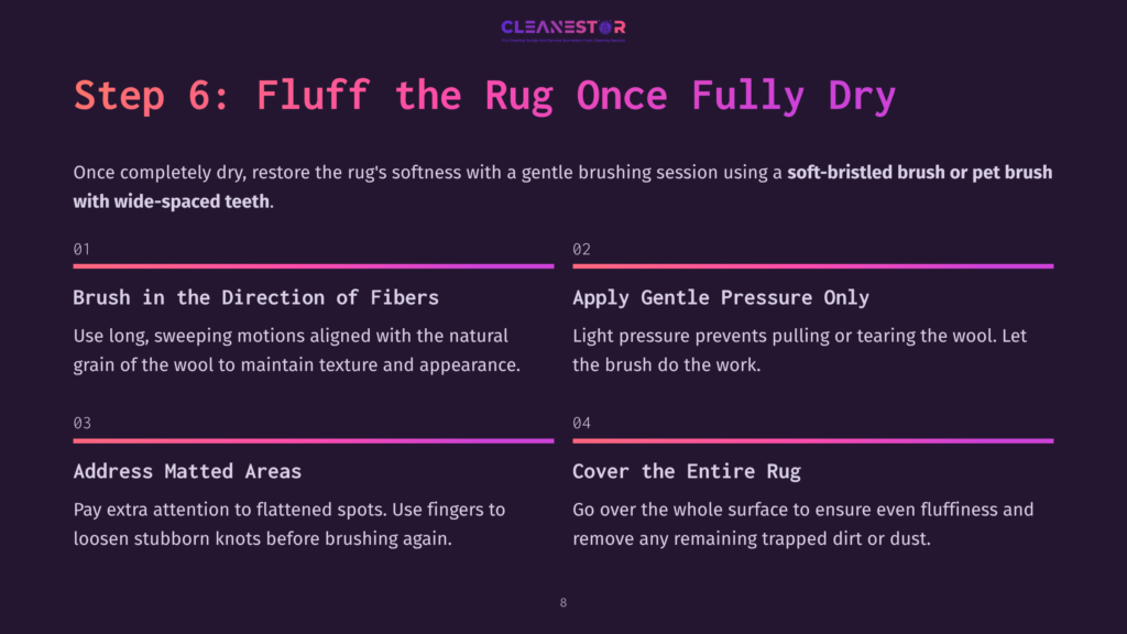 Step 6: Fluff The Rug Once Fully Dry. Instructions Detail Brushing In The Direction Of Fibers, Applying Gentle Pressure, Addressing Matted Areas, And Covering The Entire Rug For Optimal Fluffiness.