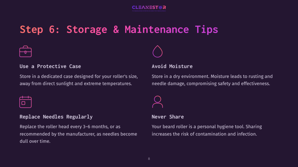 Infographic Titled &Quot;Step 6: Storage &Amp; Maintenance Tips&Quot; With Icons And Text Covering Protective Cases, Avoiding Moisture, Replacing Needles, And Not Sharing. Cleanestor Logo At The Top.