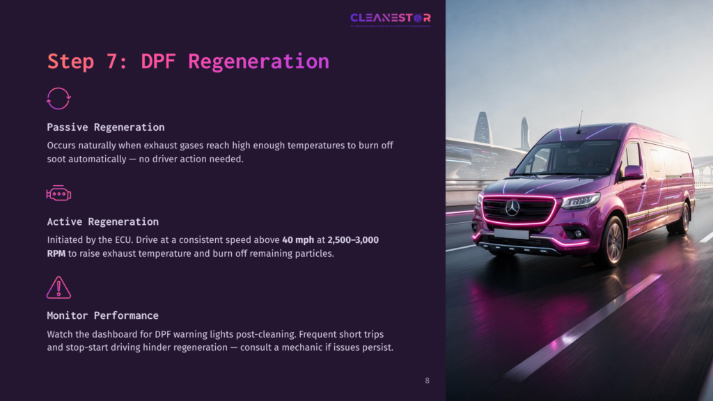 Purple Mercedes-Benz Sprinter Van Driving On A Highway At Night, With City Lights In The Background And The Text &Quot;Cleanestor&Quot; And &Quot;Step 7: Dpf Regeneration&Quot; Visible On The Left.