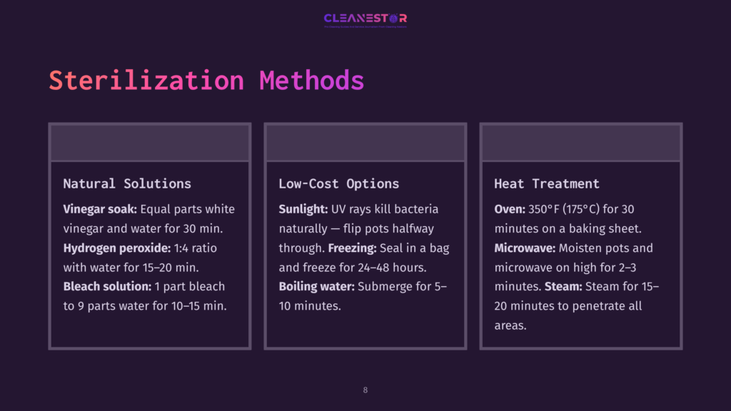 A Presentation Slide Titled &Quot;Sterilization Methods&Quot; Outlines Three Categories: Natural Solutions (Vinegar Soak, Hydrogen Peroxide, Bleach Solution), Low-Cost Options (Sunlight, Freezing, Boiling Water), And Heat Treatment (Oven, Microwave, Steam).