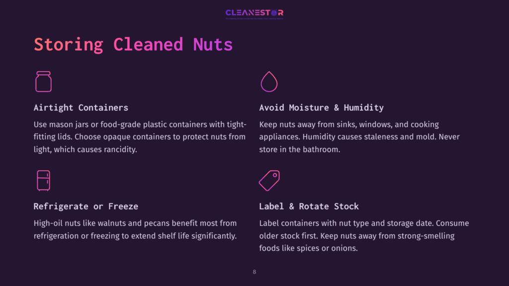 Dark Background With Purple And Pink Gradient. Text Reads &Quot;Cleanestor&Quot; At The Top, And &Quot;Storing Cleaned Nuts&Quot; Below. Sections Detail Storing Nuts: Airtight Containers, Avoid Moisture &Amp; Humidity, Refrigerate Or Freeze, And Label &Amp; Rotate Stock.