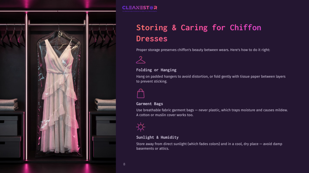 A White Chiffon Dress Hangs In A Clear Garment Bag In A Modern Closet, With Advice On Storing And Caring For Chiffon Dresses Displayed On The Right.