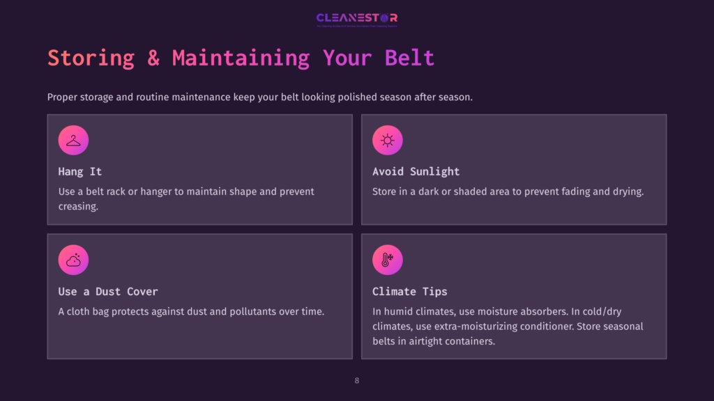 Infographic Titled &Quot;Storing &Amp; Maintaining Your Belt&Quot; With Tips Like &Quot;Hang It&Quot;, &Quot;Avoid Sunlight&Quot;, &Quot;Use A Dust Cover&Quot;, And &Quot;Climate Tips&Quot; For Proper Belt Storage And Maintenance.
