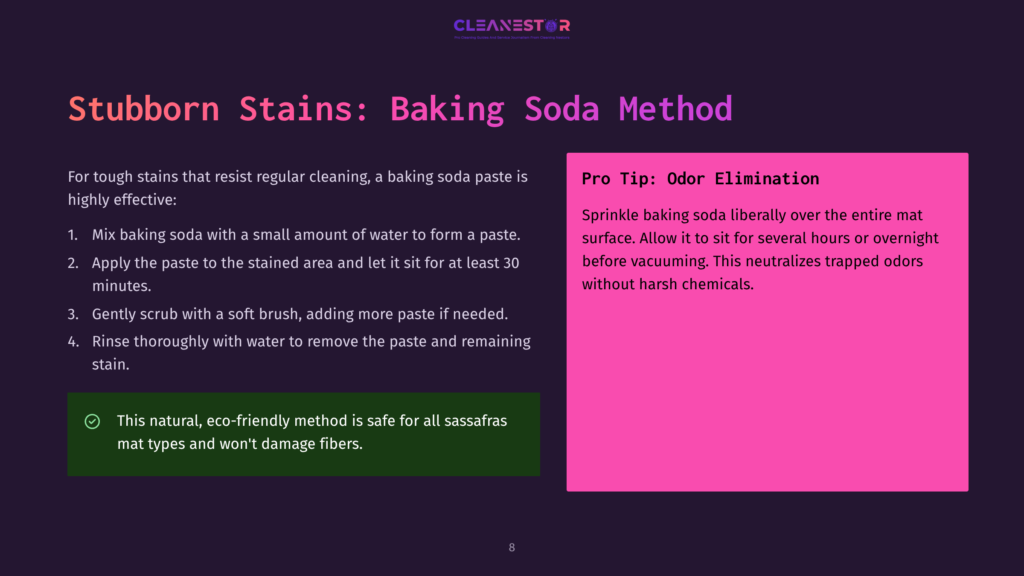 Instructions For Removing Stubborn Stains With Baking Soda: Mix Baking Soda With Water, Apply Paste, Scrub With A Soft Brush, And Rinse Thoroughly. Natural, Eco-Friendly Method Safe For All Carpet Types.