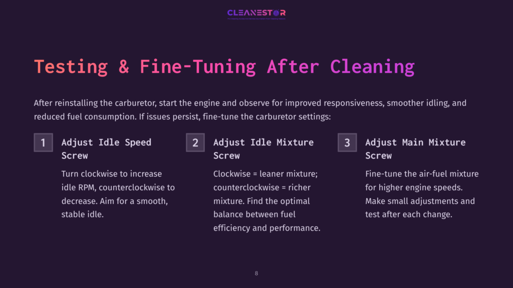 A Presentation Slide Titled &Quot;Testing &Amp; Fine-Tuning After Cleaning&Quot; Details Three Steps For Adjusting A Carburetor: Adjust Idle Speed Screw, Adjust Idle Mixture Screw, And Adjust Main Mixture Screw, With Instructions For Each.