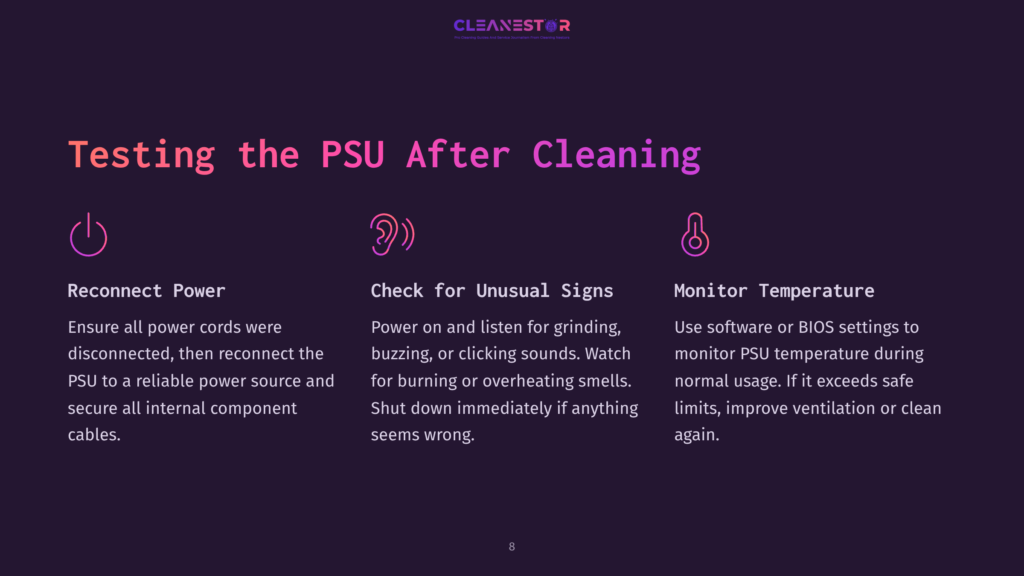 Illustration Showing Three Steps To Testing A Psu After Cleaning: Reconnect Power, Check For Unusual Signs, And Monitor Temperature. The Cleanestor Logo Is At The Top.