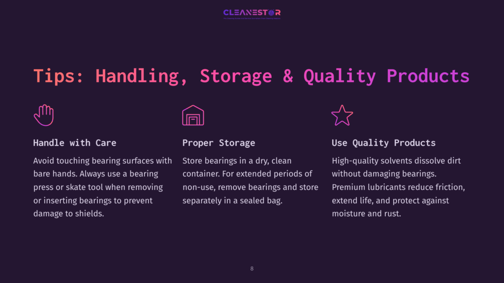 8 Tips Handling Storage And Quality Products Infographic With Text &Quot;Tips: Handling, Storage &Amp; Quality Products&Quot; And Three Sections: &Quot;Handle With Care,&Quot; &Quot;Proper Storage,&Quot; And &Quot;Use Quality Products&Quot; With Icons And Descriptive Text.