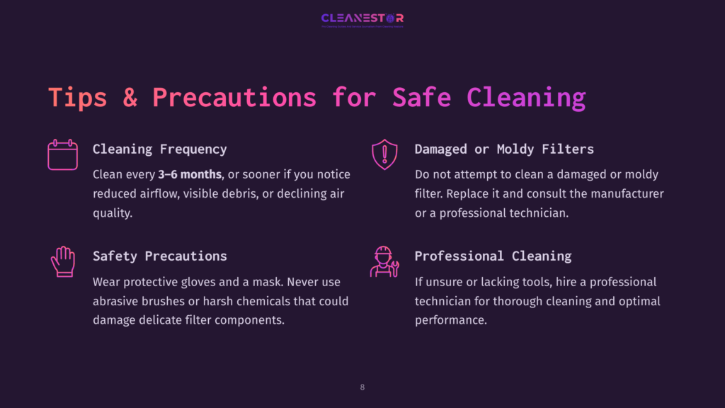 Infographic With Text: &Quot;Cleanestor&Quot;, &Quot;Tips &Amp; Precautions For Safe Cleaning&Quot;, &Quot;Cleaning Frequency&Quot;, &Quot;Safety Precautions&Quot;, &Quot;Damaged Or Moldy Filters&Quot;, And &Quot;Professional Cleaning&Quot;.