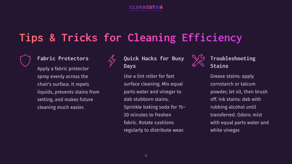 Infographic With Tips And Tricks For Cleaning Efficiency, Featuring Sections On Fabric Protectors, Quick Hacks For Busy Days, And Troubleshooting Stains. Key Text Includes &Quot;Tips &Amp; Tricks For Cleaning Efficiency&Quot; And Specific Advice Like &Quot;Apply A Fabric Protector Spray&Quot; And &Quot;Use A Lint Roller.
