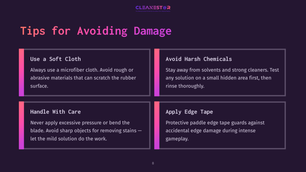 Tips For Avoiding Damage: Use A Soft Cloth, Avoid Harsh Chemicals, Handle With Care, And Apply Edge Tape. Cleanestor Logo At The Top.