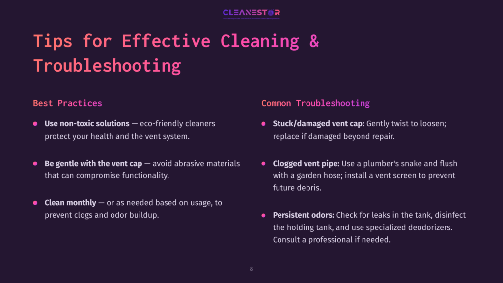 8 Tips For Effective Cleaning And Troubleshooting Cleanestor Logo With Text &Quot;Tips For Effective Cleaning &Amp; Troubleshooting&Quot; In Large Font, With Bulleted Lists Of Cleaning Best Practices And Common Troubleshooting Tips.
