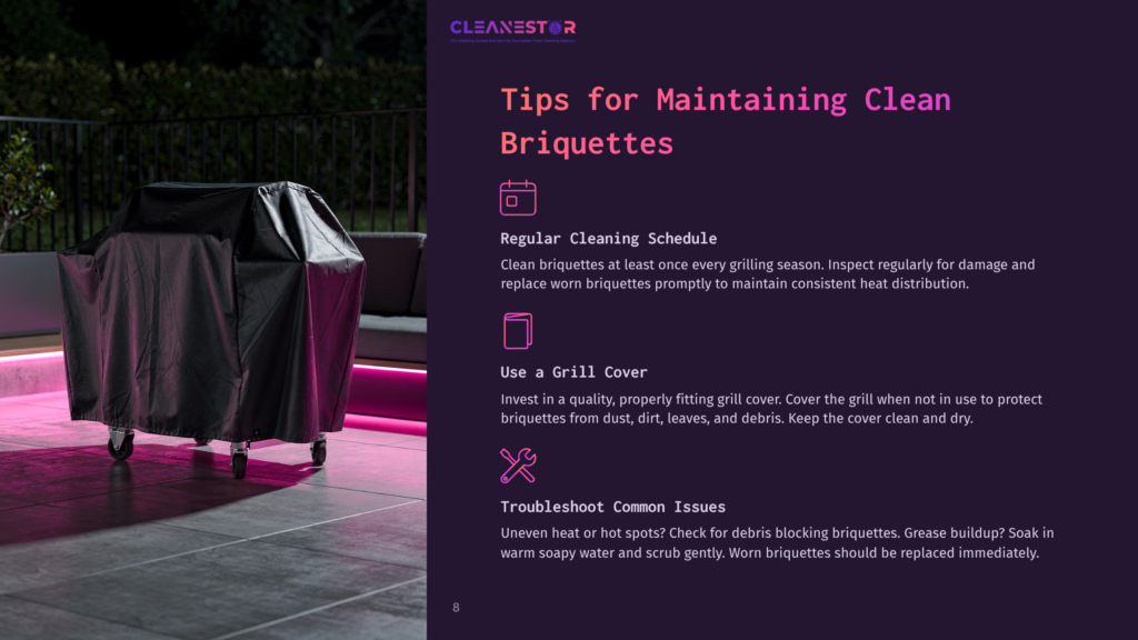 A Black Grill Cover Is Draped Over A Large Outdoor Grill On A Patio, With Pink Uplighting Illuminating The Scene. Text On The Right Reads &Quot;Tips For Maintaining Clean Briquettes&Quot;.