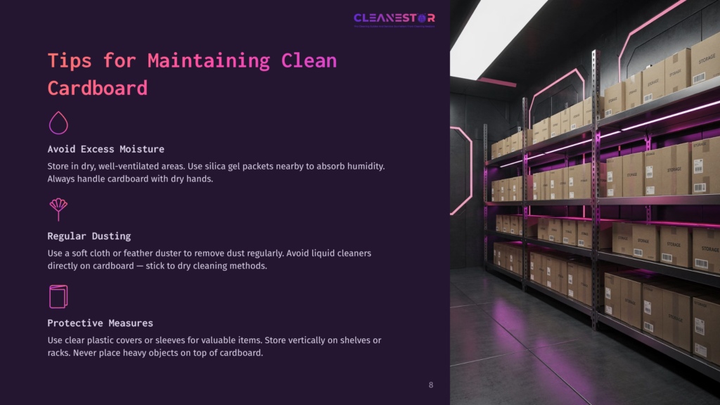 Cleanstar Logo And &Quot;Tips For Maintaining Clean Cardboard&Quot; Text. Below Are Tips For Avoiding Excess Moisture, Regular Dusting, And Protective Measures For Cardboard Storage, Illustrated With Icons. The Background Is A Blurred Image Of A Warehouse With Shelves Full Of Cardboard Boxes.