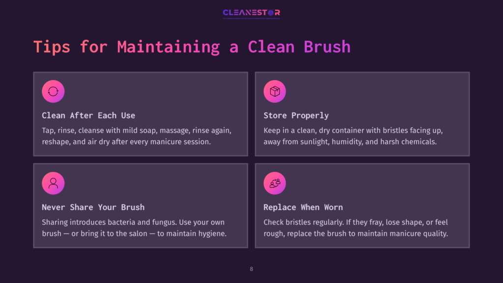 Infographic With Purple And Pink Tones Titled &Quot;Tips For Maintaining A Clean Brush.&Quot; Four Sections Detail Cleaning, Storage, Sharing, And Replacement.