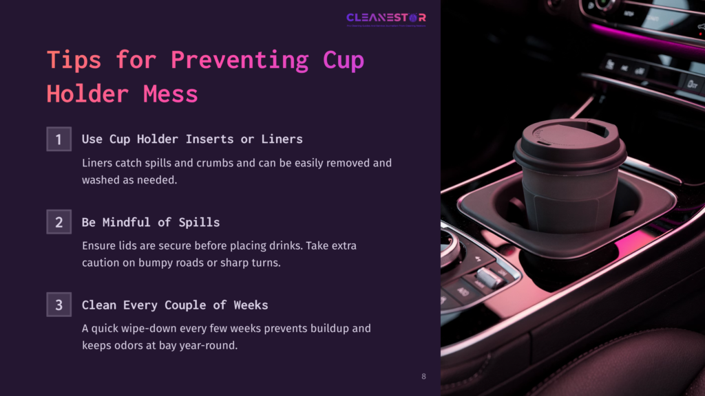 A Dark Gray Disposable Coffee Cup With A Black Lid Sits In A Car'S Cup Holder. The Car'S Interior Is Dimly Lit, With Ambient Purple And Pink Lighting Illuminating The Dashboard And Center Console.
