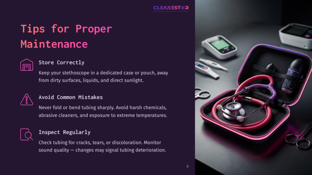 A Pink And Purple Stethoscope Lies Open In A Black Carrying Case Next To A Blood Pressure Monitor And Thermometer, With Text Tips For Proper Stethoscope Maintenance.