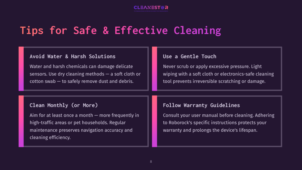 Cleanestor Logo At The Top, Followed By &Quot;Tips For Safe &Amp; Effective Cleaning&Quot; In Large Text. Four Boxes Below Offer Advice On Avoiding Harsh Solutions, Using A Gentle Touch, Cleaning Monthly, And Following Warranty Guidelines.