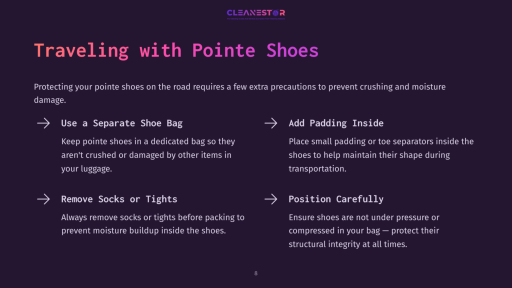 Dark Background With Text &Quot;Traveling With Pointe Shoes&Quot; And Tips For Transporting Pointe Shoes: Use A Separate Shoe Bag, Add Padding Inside, Remove Socks Or Tights, And Position Carefully.