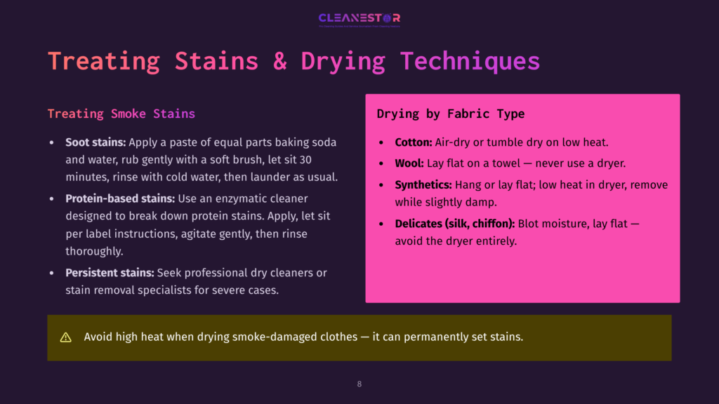Cleanestor Slide On Treating Smoke Stains And Drying By Fabric Type. Includes Tips For Soot Stains, Protein-Based Stains, And Persistent Stains. Drying Advice For Cotton, Wool, Synthetics, And Delicates.