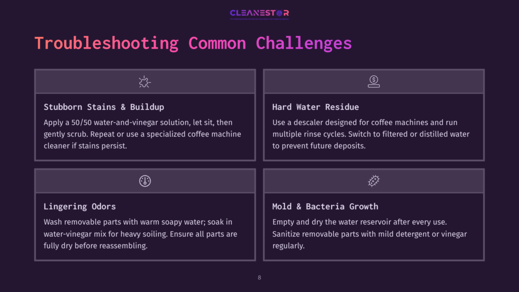 Troubleshooting Common Coffee Maker Challenges: Stubborn Stains, Hard Water Residue, Lingering Odors, And Mold &Amp; Bacteria Growth. Each Challenge Is Illustrated With A Simple Icon.