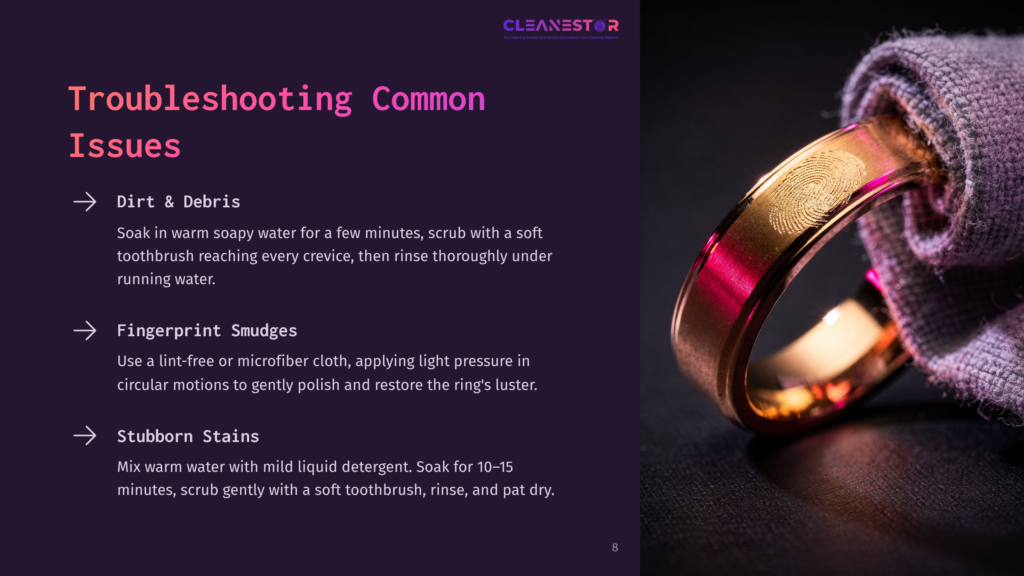 8 Troubleshooting Common Issues 10 Close-Up Of A Gold Ring With A Fingerprint Smudge Being Cleaned With A Purple Cloth. Text Overlay: &Quot;Troubleshooting Common Issues,&Quot; &Quot;Dirt &Amp; Debris,&Quot; &Quot;Fingerprint Smudges,&Quot; &Quot;Stubborn Stains.