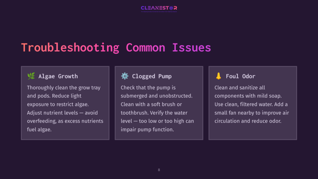 Troubleshooting Common Issues For Hydroponic Systems: Algae Growth, Clogged Pump, And Foul Odor. Text Provides Solutions For Each Problem.