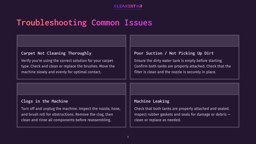 Troubleshooting Common Issues For Carpet Cleaning Machines: Carpet Not Cleaning Thoroughly, Poor Suction / Not Picking Up Dirt, Clogs In The Machine, And Machine Leaking.