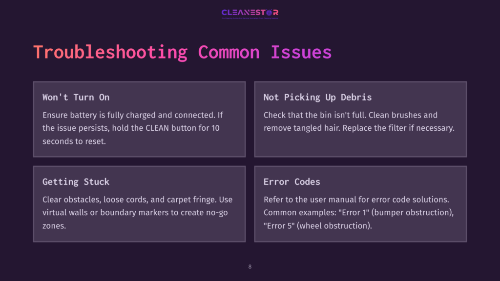 Troubleshooting Common Issues With A Robot Vacuum: &Quot;Won'T Turn On,&Quot; &Quot;Not Picking Up Debris,&Quot; &Quot;Getting Stuck,&Quot; And &Quot;Error Codes&Quot; Are Displayed In Dark Purple Boxes On A Dark Background.