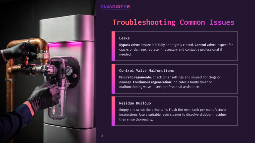 Close-Up Of Gloved Hands Adjusting Plumbing On A Water Softener, With Troubleshooting Tips For Leaks, Control Valve Malfunctions, And Brine Buildup Displayed On A Dark Background.