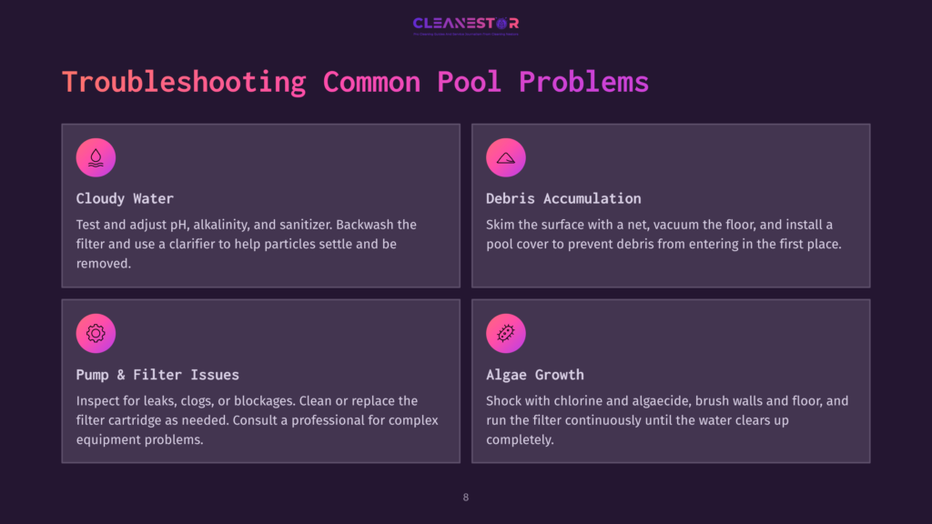 Troubleshooting Common Pool Problems: Cloudy Water, Debris Accumulation, Pump &Amp; Filter Issues, And Algae Growth. The Image Is A Dark Purple Graphic With Four Distinct Troubleshooting Sections, Each With An Icon And Descriptive Text.