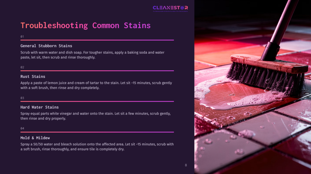 A Cleaning Brush With Pink Bristles Scrubs A Wet, Tiled Floor With Pink And Purple Tiles. The Image Is From A Cleaning Guide Titled &Quot;Troubleshooting Common Stains.