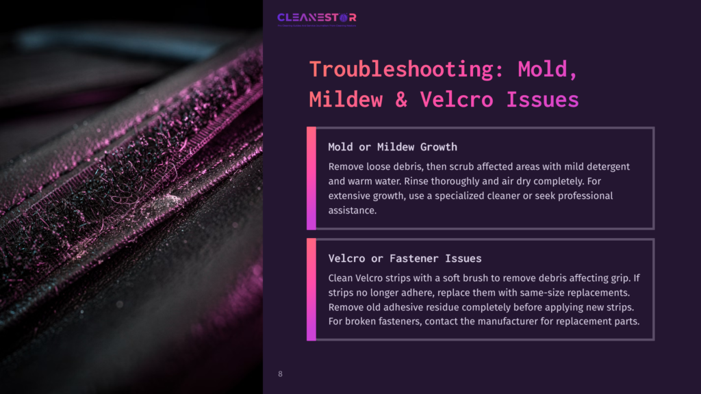 Close-Up Of A Black Fabric Strip With Pinkish-Purple Mold Or Mildew Growth, Showing The Texture Of The Fabric And The Fuzzy Mold. Text Overlay Reads &Quot;Troubleshooting: Mold, Mildew &Amp; Velcro Issues&Quot; And Details On Mold And Velcro Problems.