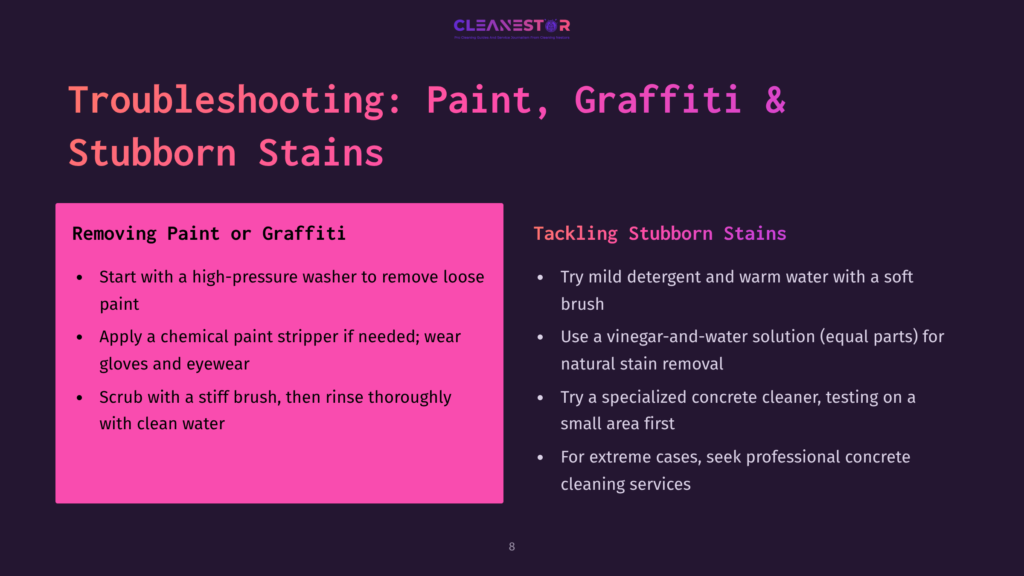 8 Troubleshooting Paint Graffiti And Stubborn Stains Troubleshooting Guide For Paint And Graffiti Stains On Concrete. Text Details Cleaning Methods For Stubborn Stains, Including Pressure Washing And Chemical Strippers.