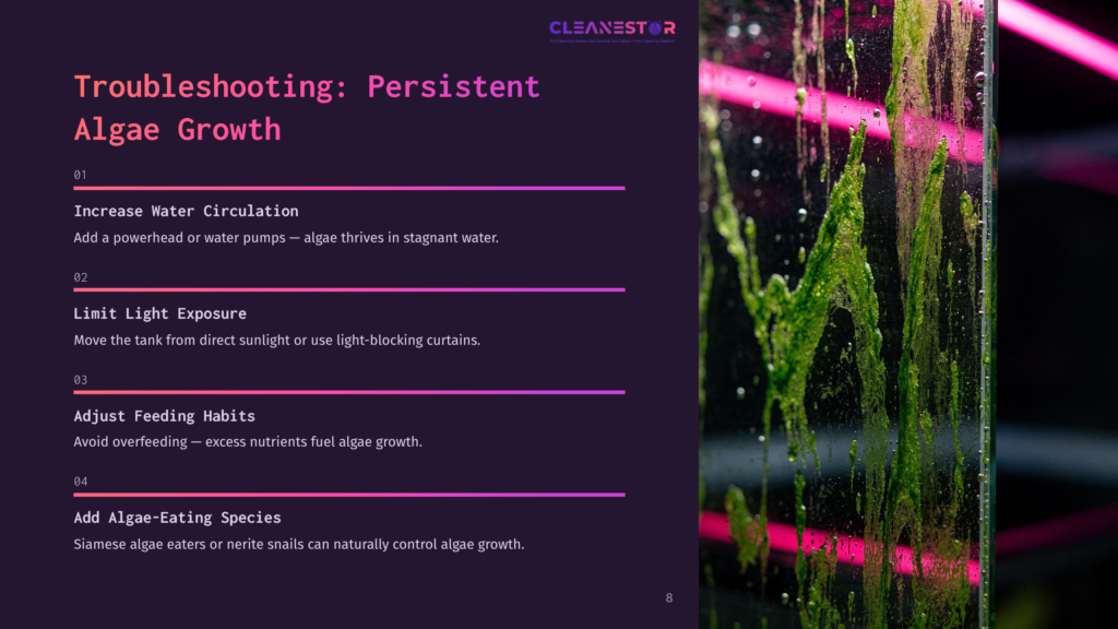 A Close-Up Of A Glass Aquarium Wall Covered In Vibrant Green Algae, With Bright Pink Led Lights Illuminating The Scene From The Side. Text Overlays Read &Quot;Cleanestor&Quot; And &Quot;Troubleshooting: Persistent Algae Growth&Quot;.
